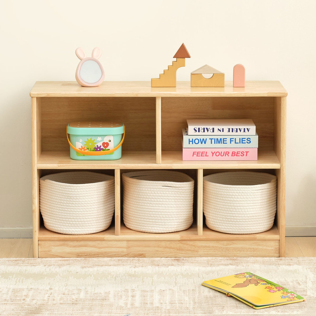 MEEYOO Rubber Wood 5-Compartment Montessori Shelf (MEDIUM SIZE)