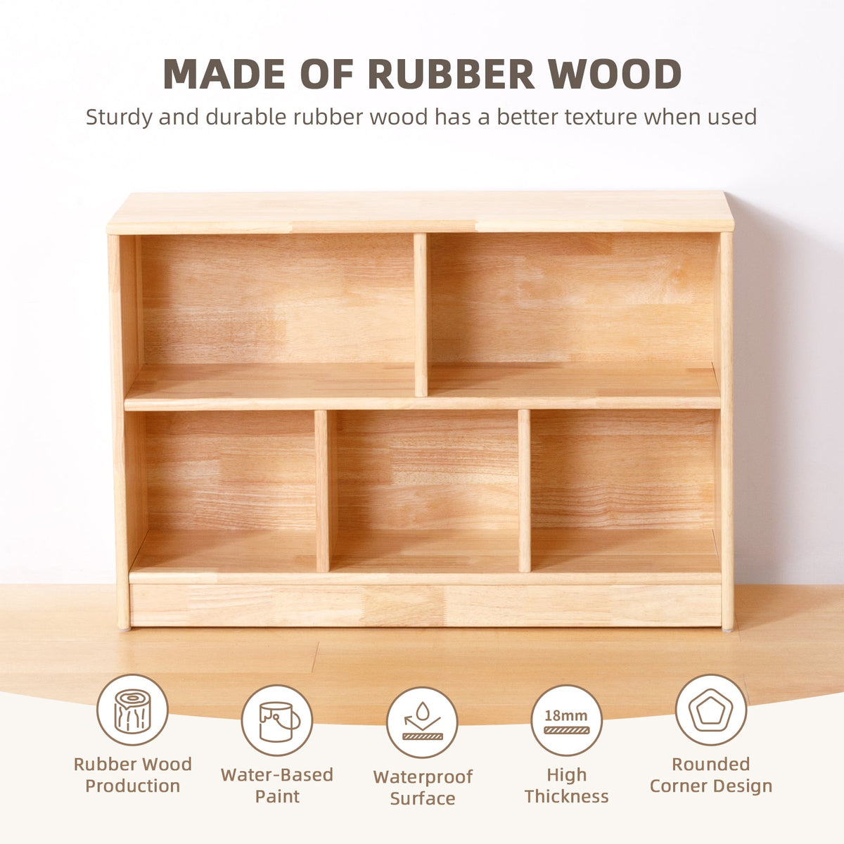 MEEYOO Rubber Wood 5-Compartment Montessori Shelf (MEDIUM SIZE)