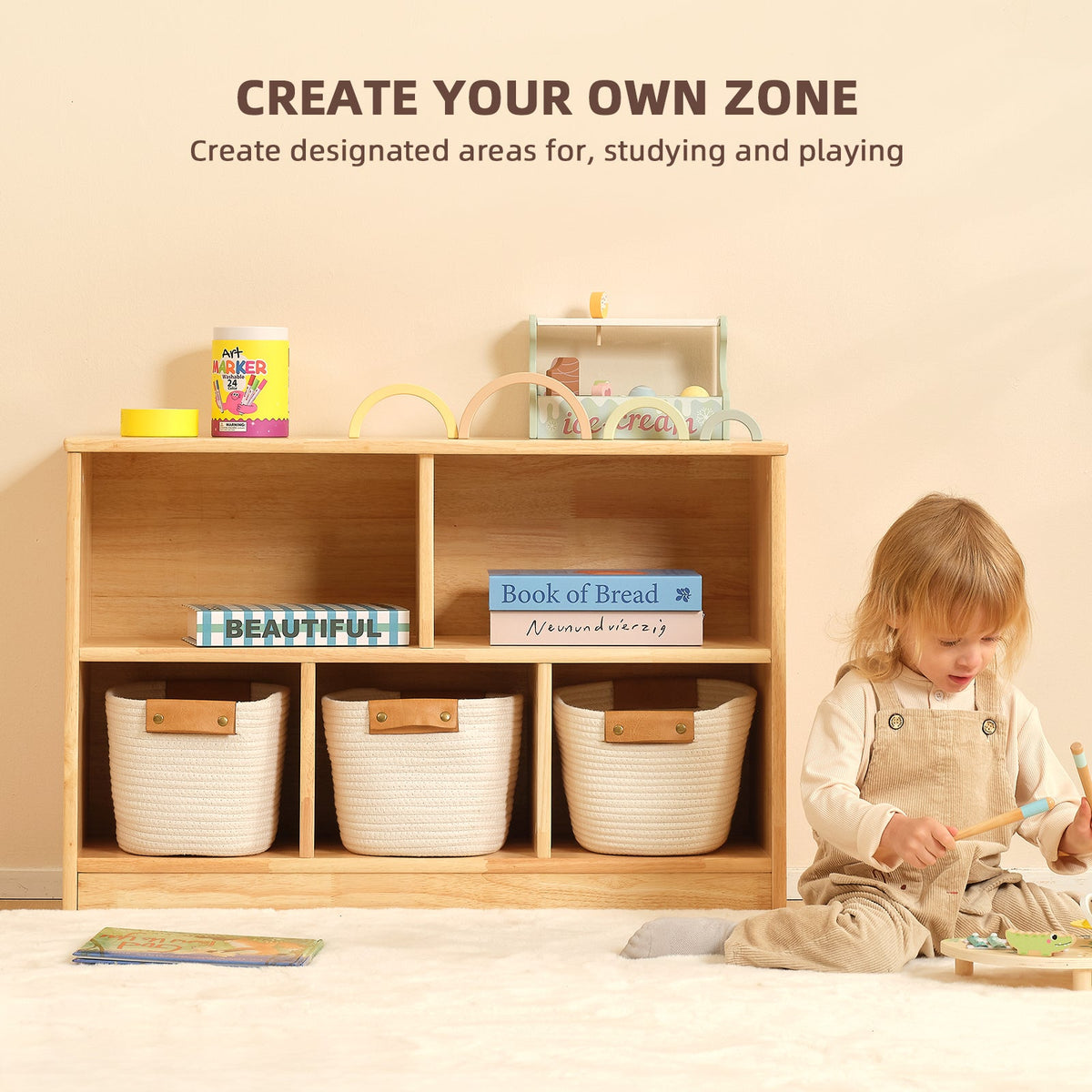 MEEYOO Rubber Wood 5-Compartment Montessori Shelf (MEDIUM SIZE)