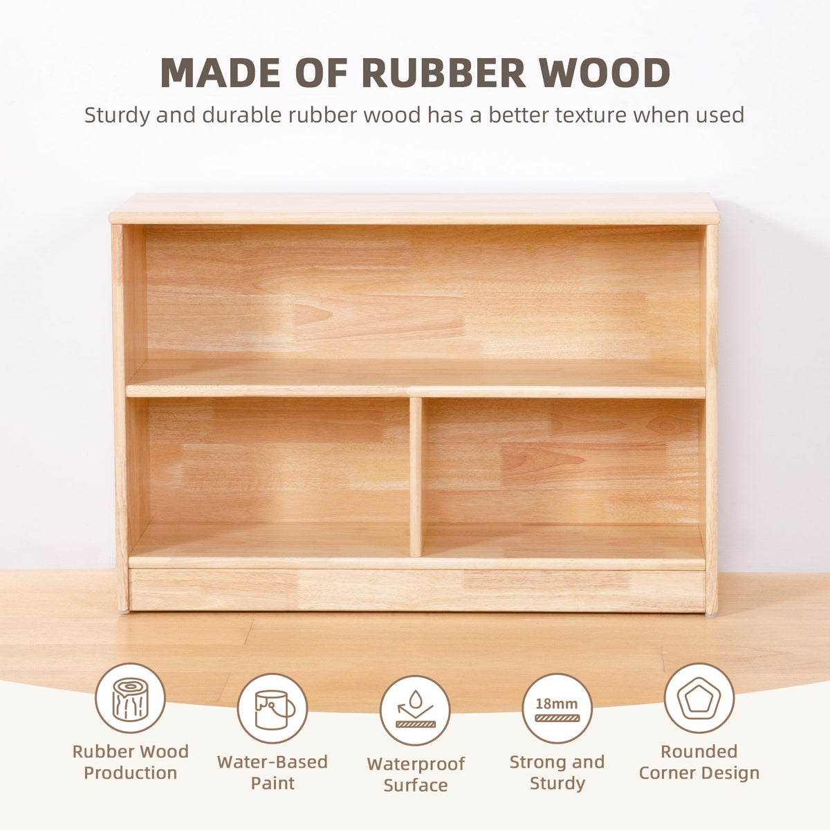 MEEYOO Rubber Wood 3-Compartment Montessori Shelf