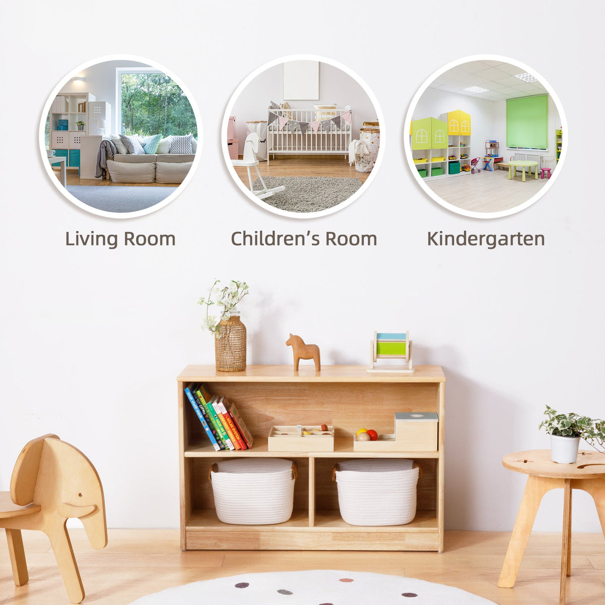 MEEYOO Rubber Wood 3-Compartment Montessori Shelf