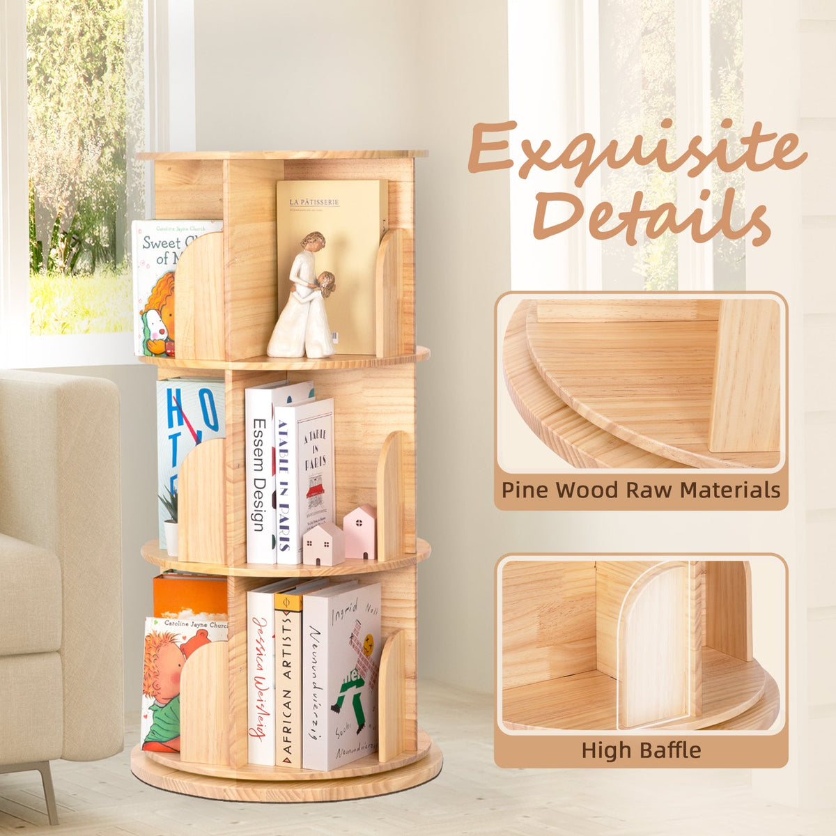 MEEYOO Solid Wood Rotating Bookshelf for Kids