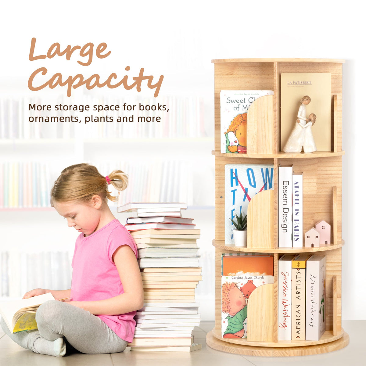 MEEYOO Solid Wood Rotating Bookshelf for Kids