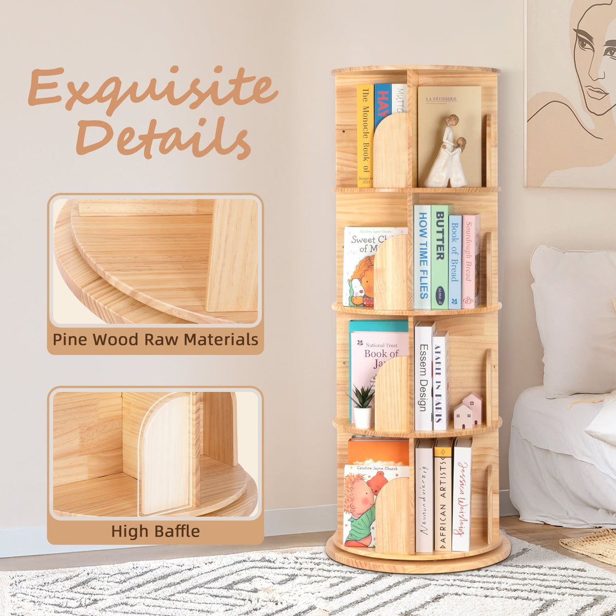 MEEYOO Solid Wood Rotating Bookshelf for Kids
